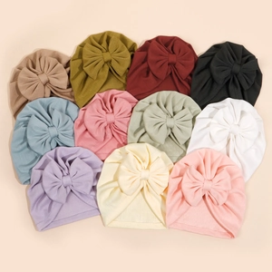 Bonnet Turban Bébé Grand Nœud Tricot En Nylon Nervuré Doux Bandeau Respirant Beanie Pour Nouveau-Nés Nourrissons Filles