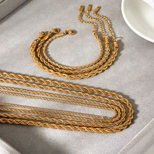 Elegant 18k gold plated stainless steel rope chain necklace and bracelet jewelry set