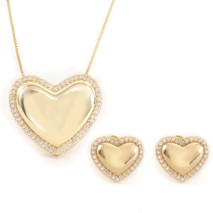 18k gold plated heart necklace and earrings set with micro-paved white zircons
