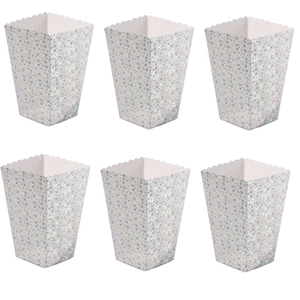 Set of 6 laser silver popcorn boxes with star patterns and ribbon handles for parties