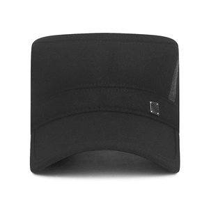 Mens winter warm cadet cap in black cotton fabric with fashion metal badge detail