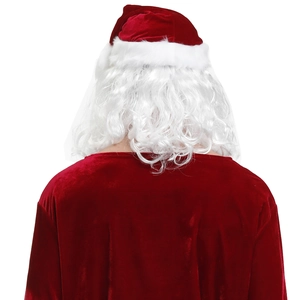 Back view of Santa Claus costume featuring red velvet jacket and curly white hair wig