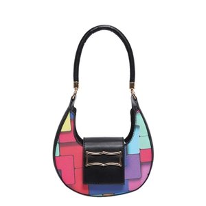 Fashionable hobo crescent handbag featuring a vibrant colorful geometric patchwork pattern