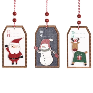 Set di 3 etichette natalizie in legno con Babbo Natale, pupazzo di neve e renna con perline