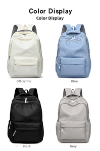 Color display of large capacity travel backpacks in white, blue, black, and grey