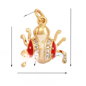 Macro shot of gold ladybug pendant with red enamel and zircon stones showing dimensions