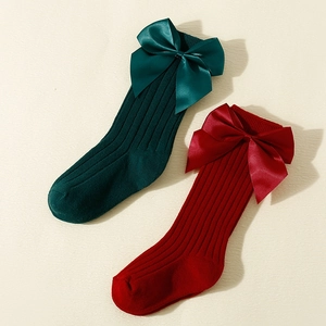Baby Mid Calf Socks Cotton Ribbed Knitted Large Satin Bow Spanish Style Christmas Festive Toddler Girl Hosiery