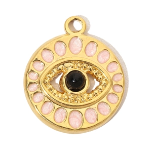 Macro detail of golden Evil Eye pendant with pink glitter enamel and black center stone