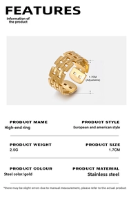 Detailed specs of adjustable mesh pattern ring in gold finish stainless steel material