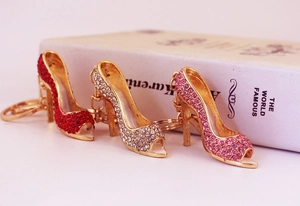 Close-up of alloy high heel keychains with colorful rhinestones in red, white and pink
