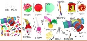 Détail d'un ensemble de 22 jouets pour chats avec tunnel arc-en-ciel et balles variées