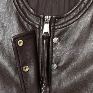 Deep brown faux leather biker vest featuring high-quality zipper and snap button details