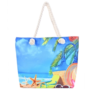 Détails du sac de plage en toile avec imprimés d'étoiles de mer et anses en coton