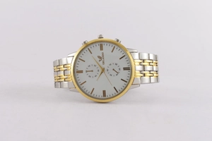 Close-up of ORLANDO silver and gold two-tone stainless steel men's watch with white dial