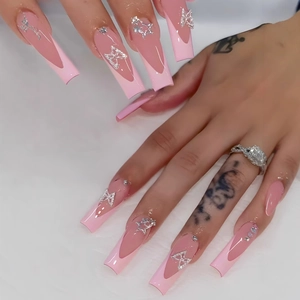 French Style Long Coffin Press On Nails Pink Gradient Fake Nails With Alloy Butterfly Star Rhinestones For Women Manicure