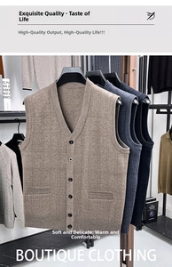 Detail of V-neck knitted vest featuring checkered pattern and button closure