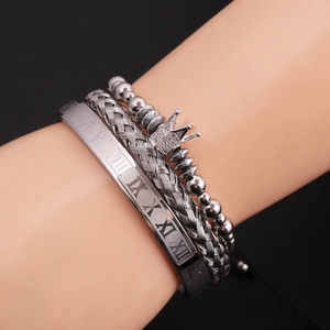 Men's silver stainless steel roman numeral ring, woven bracelet and crown bead 3-piece set