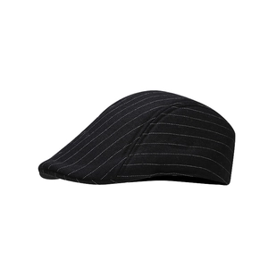 Classic British style black newsboy flat cap with white pinstripes for men and women