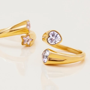 18k gold plated stainless steel open ring with heart and star zircon stones for women