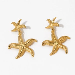 Golden double starfish drop earrings for women with ocean style and vintage texture