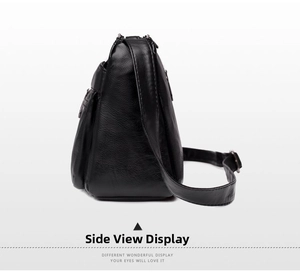 Vue latérale du sac bandoulière noir avec plusieurs fermetures éclair et cuir grainé