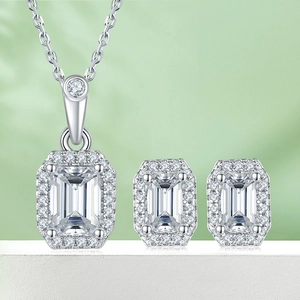 Emerald Cut Moissanite Jewelry 925 Sterling Silver D Color Halo Necklace And Stud Earrings For Women Elegance