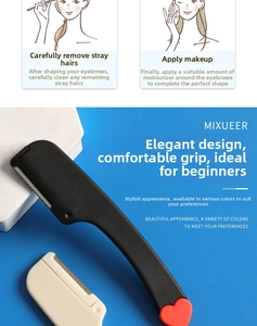 Detail view of eyebrow razors with comb safety guard and ergonomic handle design