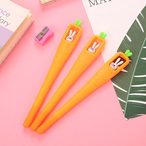 Three creative carrot-shaped gel pens with cute white bunny toppers on pink background