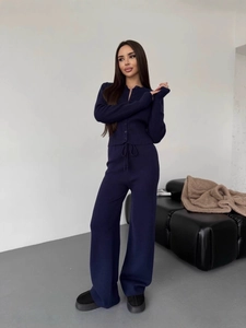 Women's dark blue knitted two-piece set with long sleeve button cardigan and wide leg pants