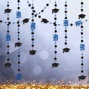 Vertical graduation garlands with 2023 black glitter caps and blue stars for party decor