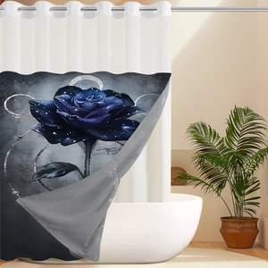 Detail of blue floral waffle shower curtain featuring metal grommets and rose pattern