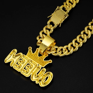 Golden hip hop Cuban chain with sparkling rhinestone crown and QUEEN letter pendant