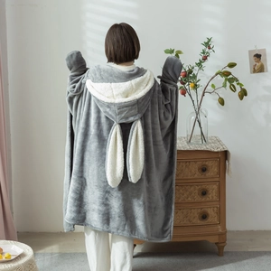 Gray rabbit ear hooded blanket with warm white fleece lining for indoor home comfort