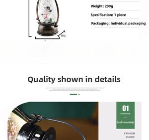 Macro detail of Christmas snow globe lantern showing snowman figure and product dimensions