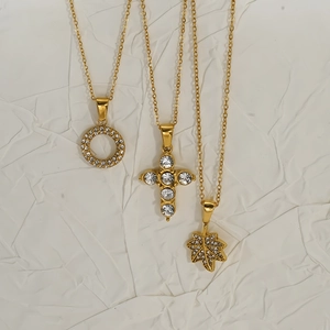 18K gold plated stainless steel necklace set with cross leaf and zircon pendants
