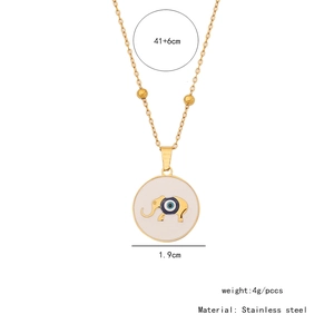 Detail showing gold elephant evil eye pendant specifications and stainless steel chain length
