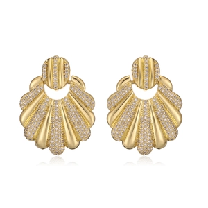 Exquisite 18K gold plated fan shaped geometric earrings with shimmering pavé zircon stones