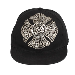 Harajuku style black snapback hat with silver metal studs and rhinestone cross design
