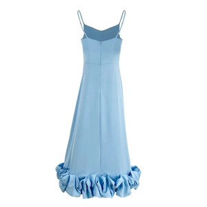 Detail of light blue A-line evening dress with layered ruffle hem and back zipper