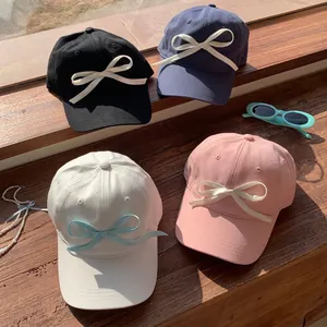 Sweet Cotton Baseball Cap With Large Satin Ribbon Bow Fashionable Wide Brim Sun Hat For Women