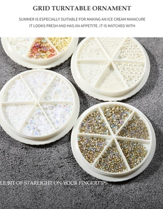 Detail of 4-pack nail art decoration sets with pearls and rhinestones in wheel cases