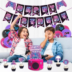 Game On birthday party decoration set with controller banner, balloons, and cake toppers