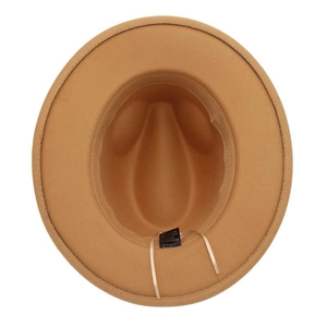 Internal detail of wool fedora hat showing adjustable drawstring and clean stitching