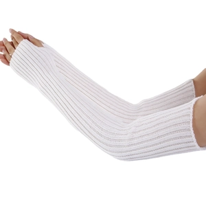 Long white ribbed knit arm warmers with thumb holes for women and men, classic winter style