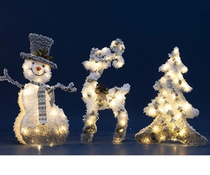 Detail of glowing snowman, reindeer and tree set with warm white LED and flocking