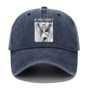 Detailed close-up of washed cotton baseball cap featuring high-quality portrait print and text