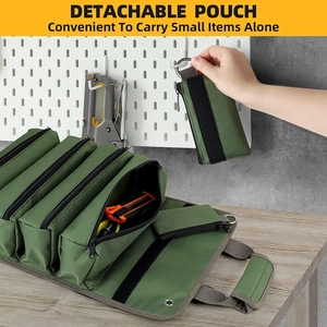 Green canvas tool roll bag featuring detachable pouches and multiple zippered pockets
