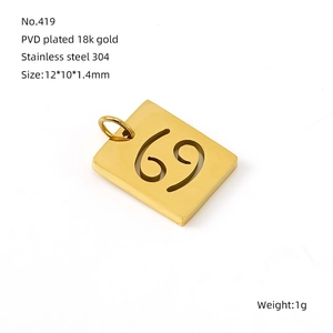 Detail of 18K gold-plated stainless steel rectangular pendant with hollow 69 number design