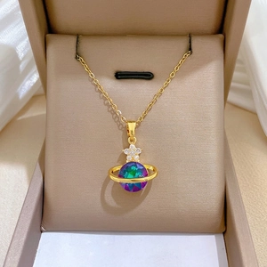 Planet Saturn Pendant Necklace With Iridescent Crystal And Rhinestone Star Stainless Steel Chain For Women Gold Color