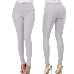 Front and back view of light gray high-waisted slim fit stretch denim jeans for women